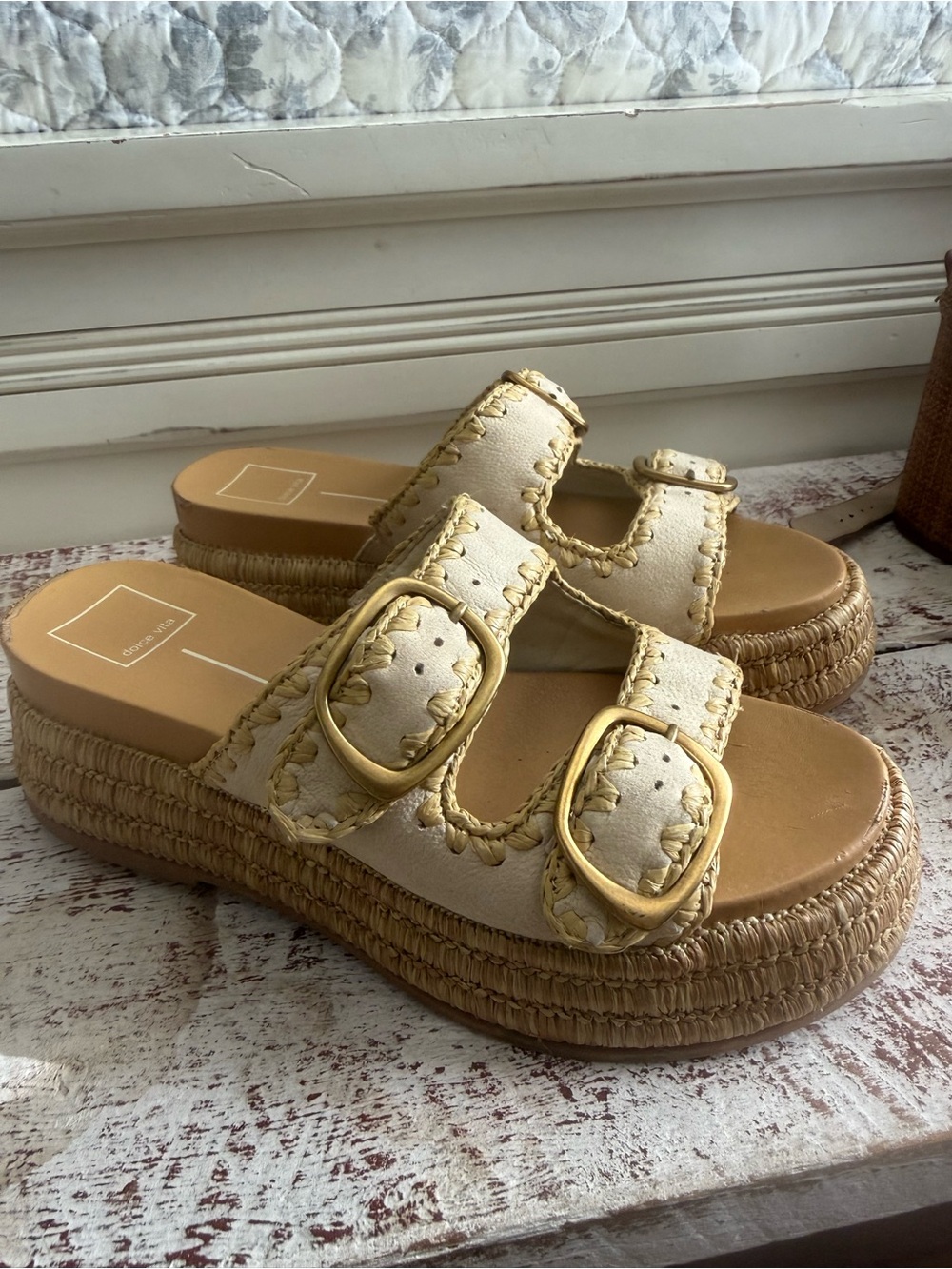 Dolce Vita Cream Buckle Platform Slide Sandals